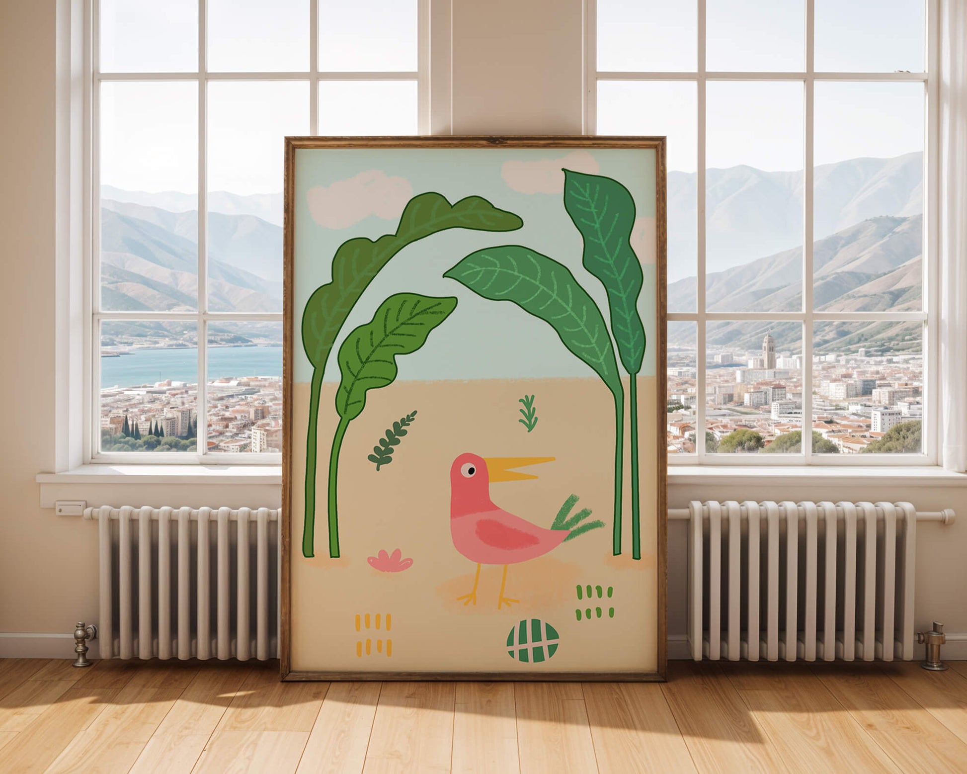 Colorful bird with large leaves and playful design