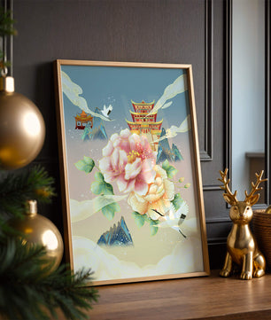 Elegant Asian Landscape With Pagoda, Cranes, and Peonies