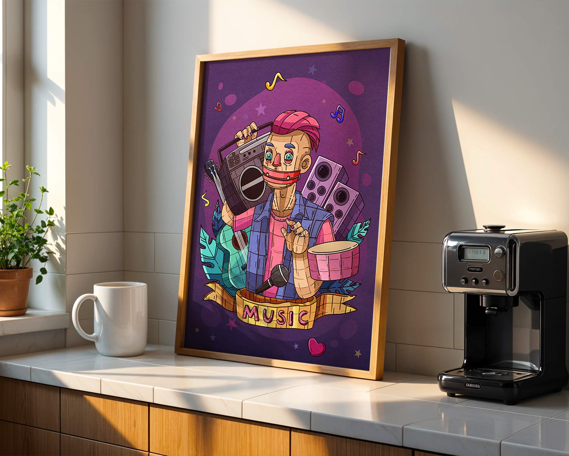 Illustration colorée sur le thème de la musique avec un personnage et des instruments