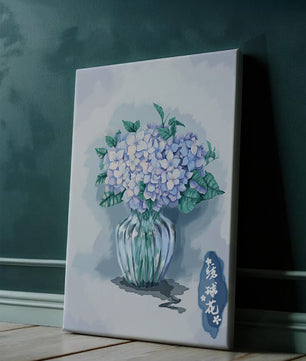 Aquarell Hortensien in einer Glasvase mit chinesischen Schriftzeichen
