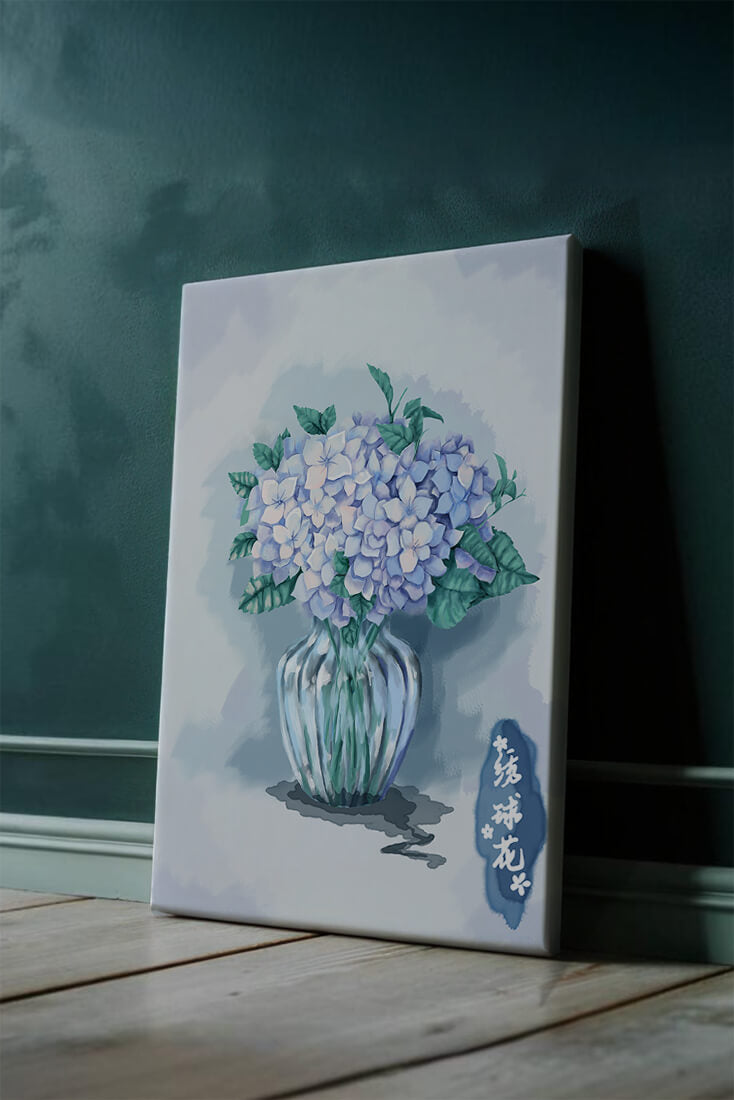 Aquarell Hortensien in einer Glasvase mit chinesischen Schriftzeichen