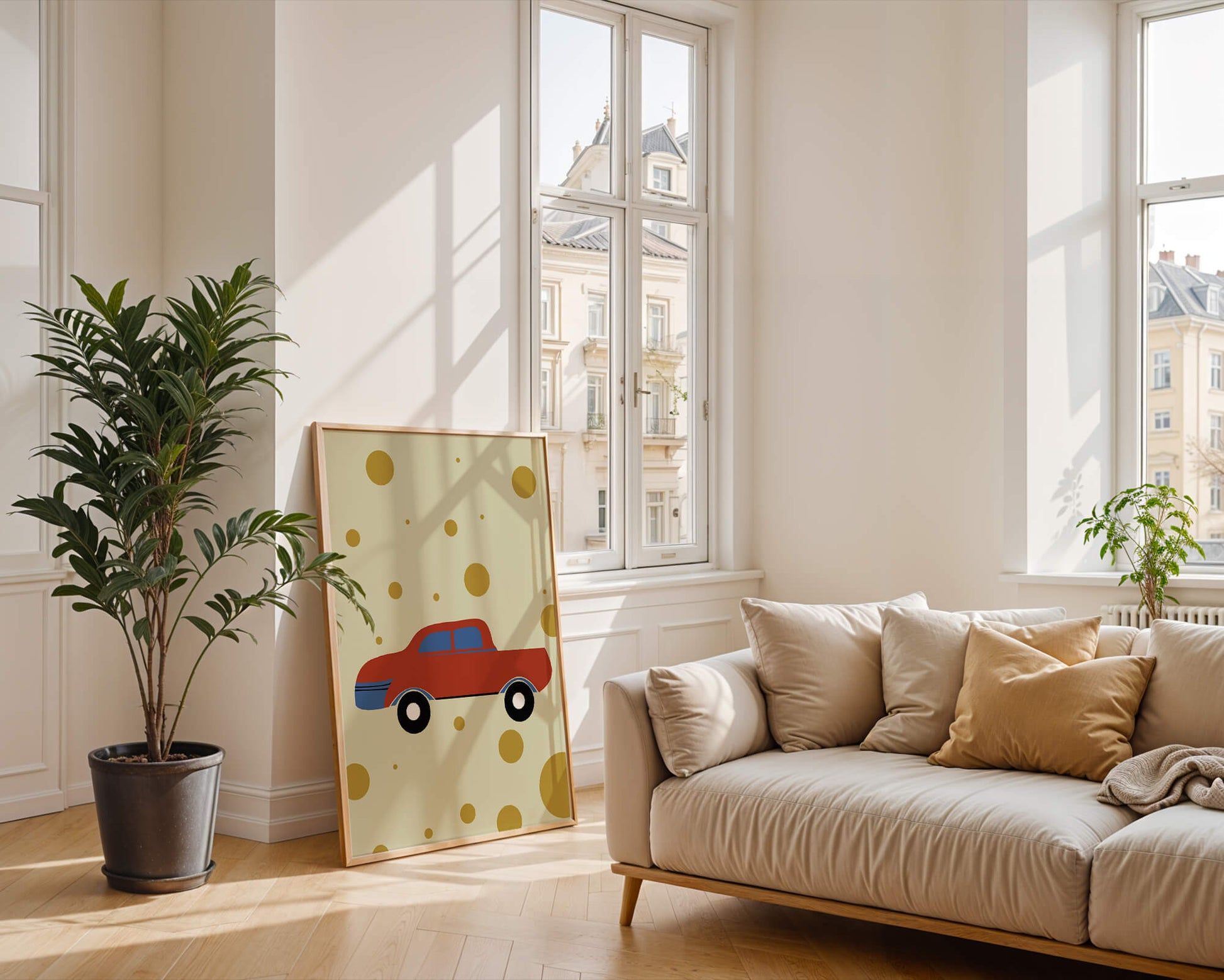 Abstract illustration of a red car with golden circles on a beige background