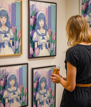 Illustration d'une fille en robe de marin parmi des tulipes avec une palette de couleurs pastel