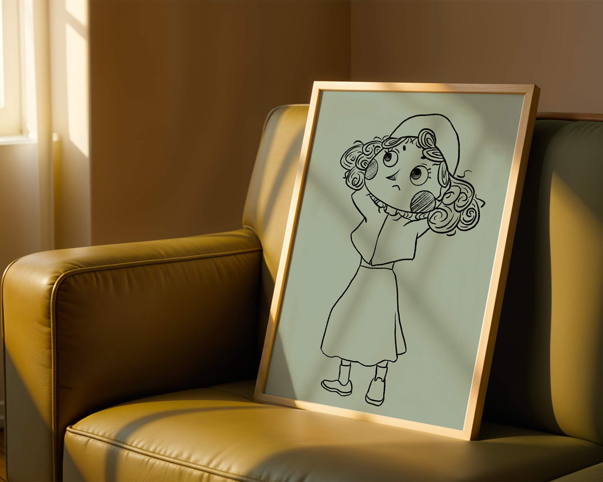 Ilustración a mano de un personaje de dibujos animados pensativo con cabello rizado y gorro