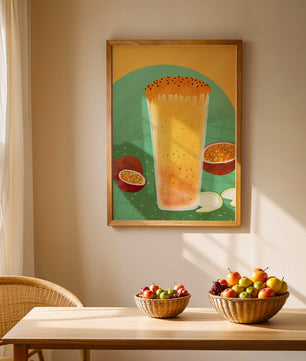 Illustrated tropical passion fruit drink with fresh slices