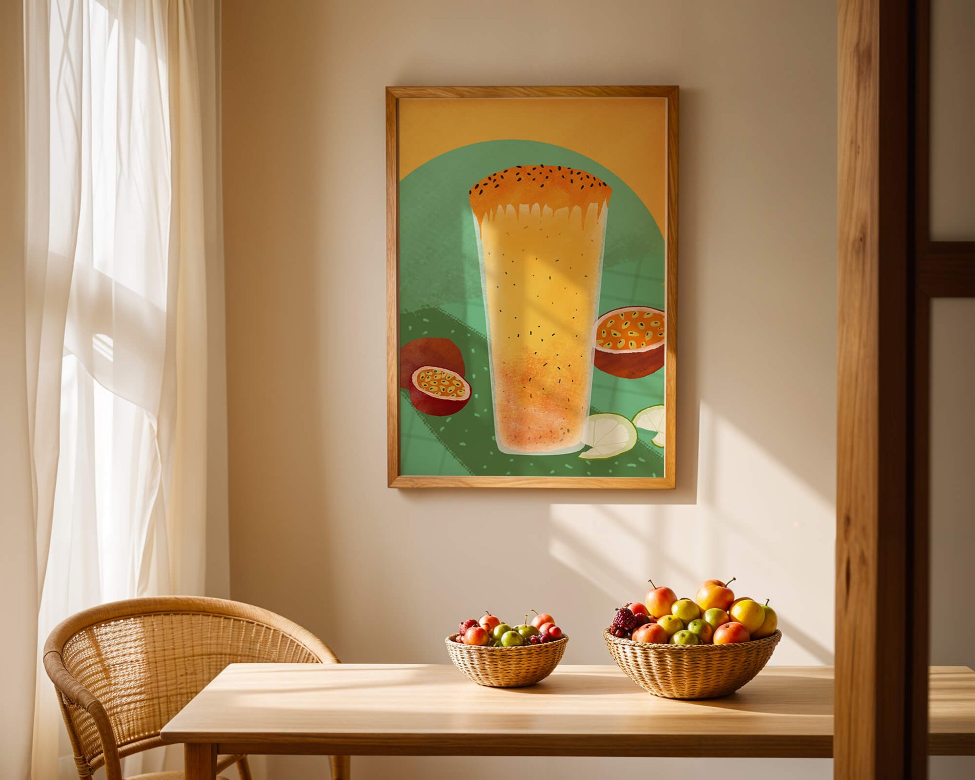 Illustrated tropical passion fruit drink with fresh slices