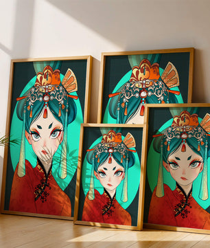 Elegant illustration of a woman in traditional attire with intricate headpiece