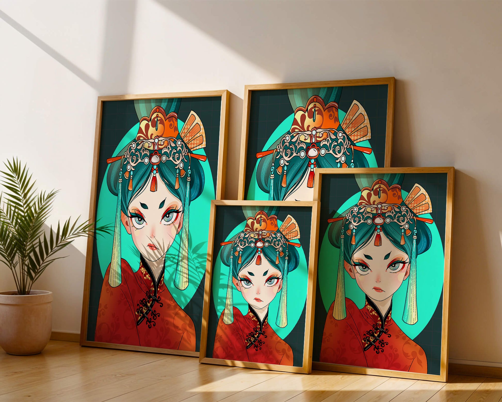 Elegant illustration of a woman in traditional attire with intricate headpiece