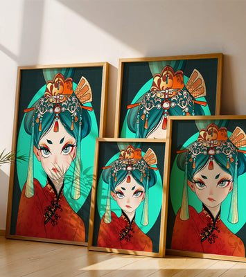 Elegant illustration of a woman in traditional attire with intricate headpiece