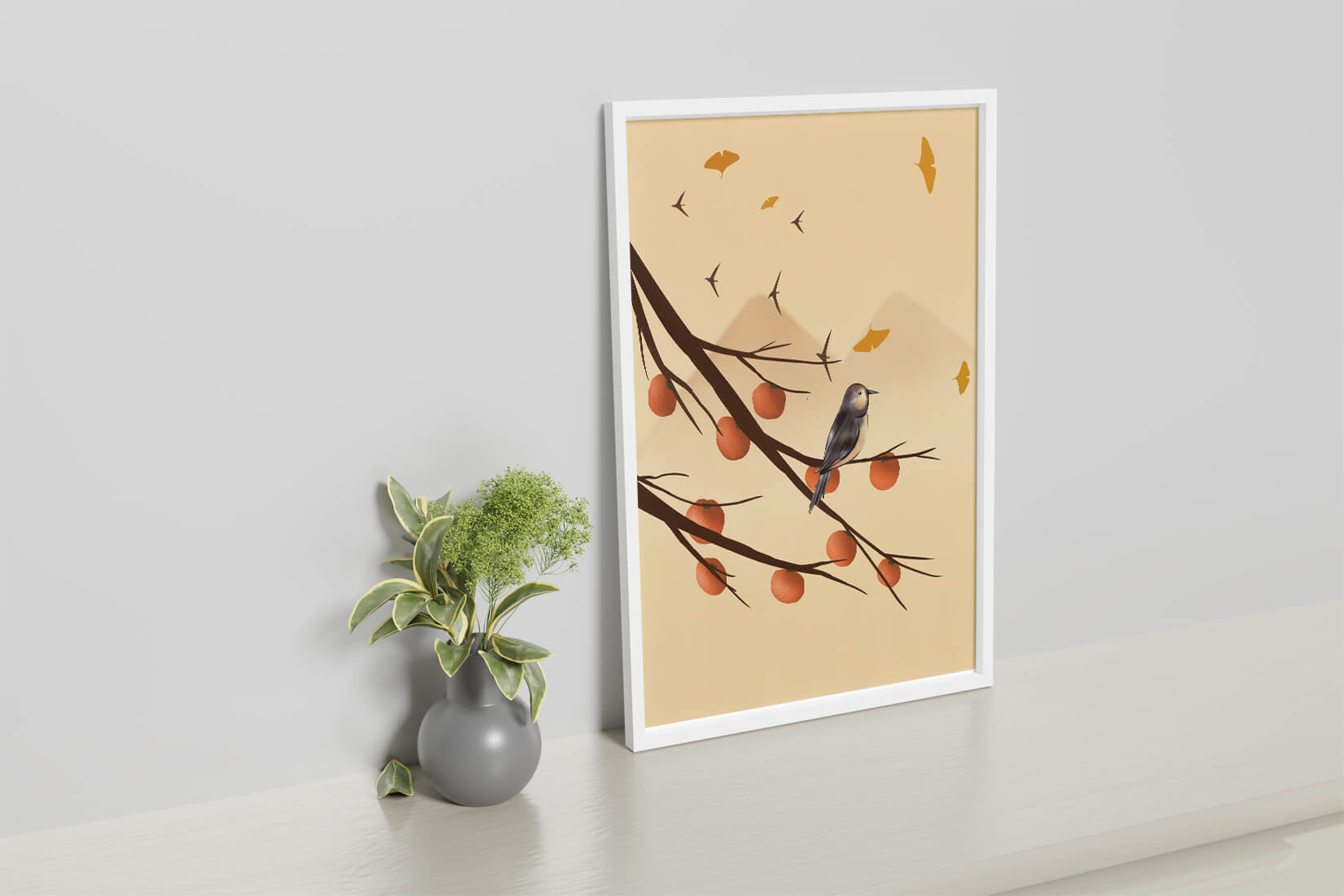 Bird Perched on Branch with Red Fruits and Flying Leaves