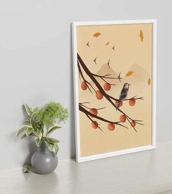 Bird Perched on Branch with Red Fruits and Flying Leaves