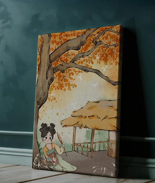 Escena de otoño con ilustración en estilo asiático tradicional
