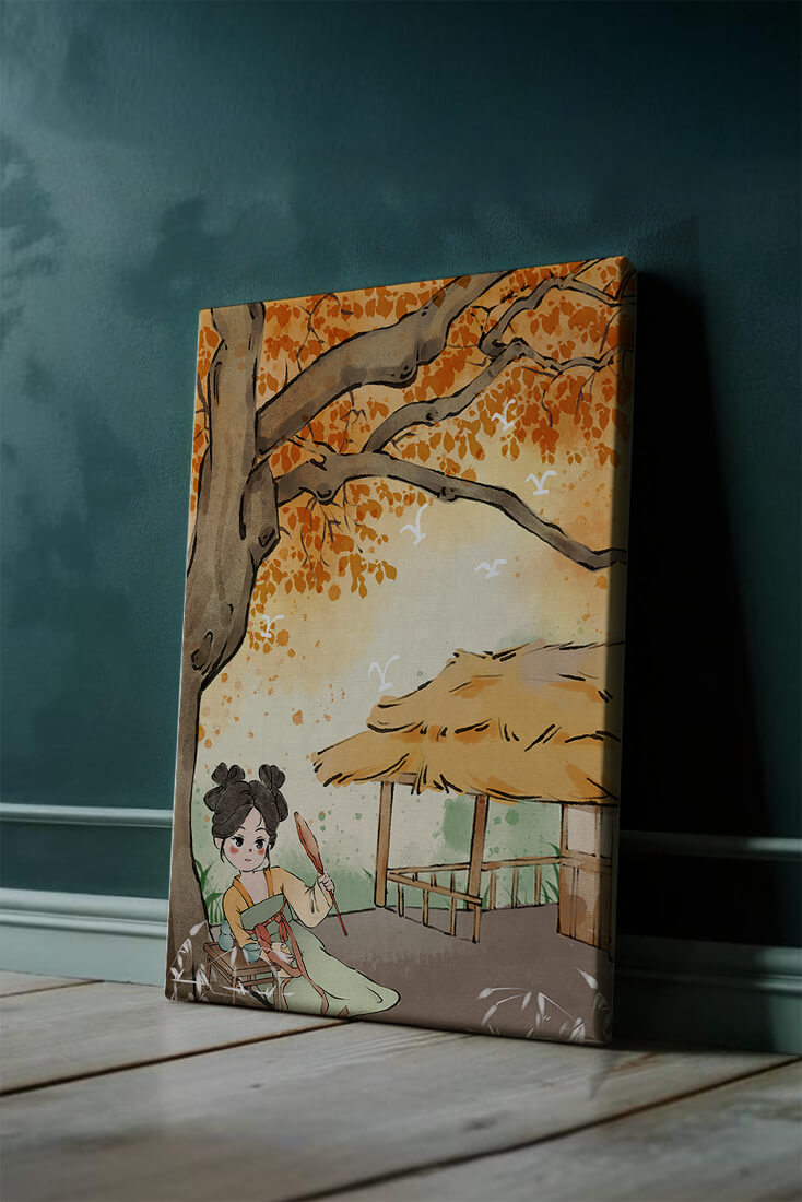 Escena de otoño con ilustración en estilo asiático tradicional