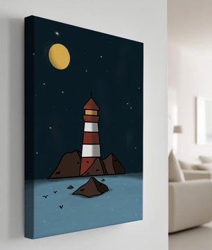 Escena nocturna tranquila con faro y estrellas que reflejan serenidad