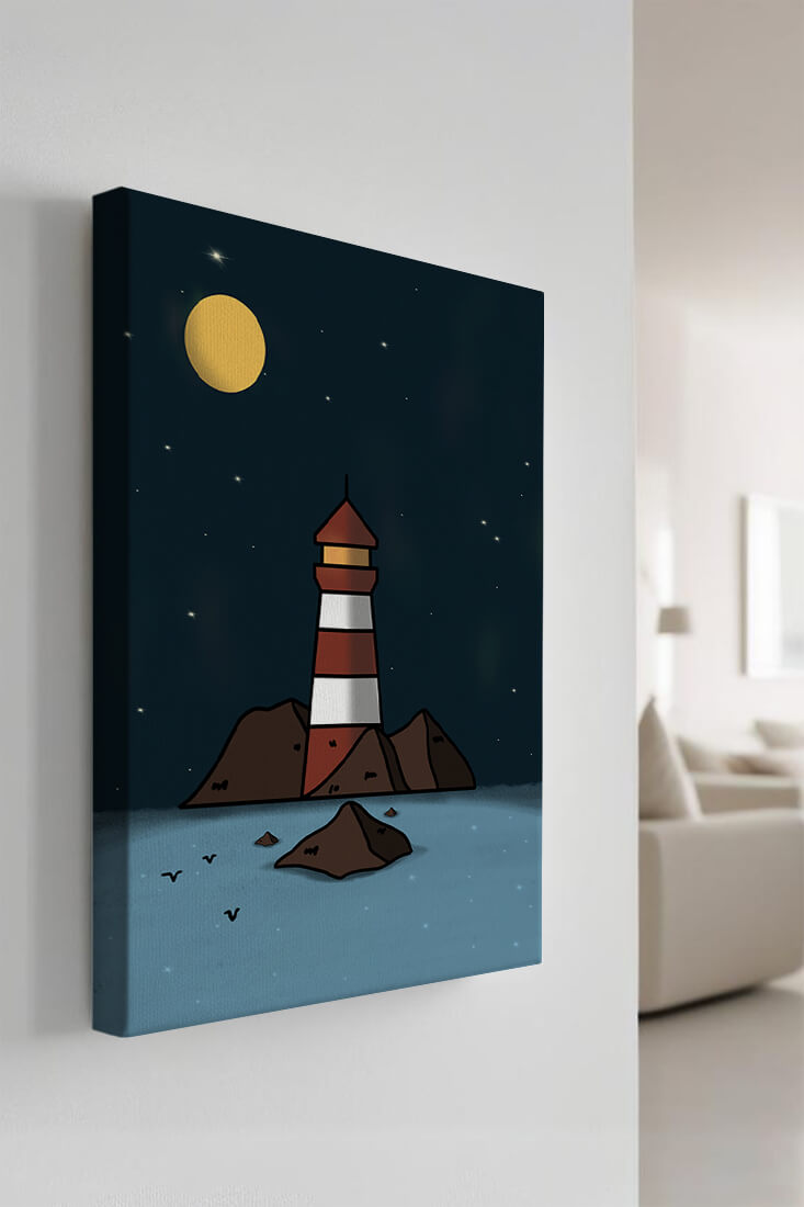 Escena nocturna tranquila con faro y estrellas que reflejan serenidad.