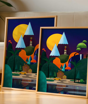 Paisaje moderno colorido con elementos geométricos y una casa junto al lago bajo el cielo nocturno