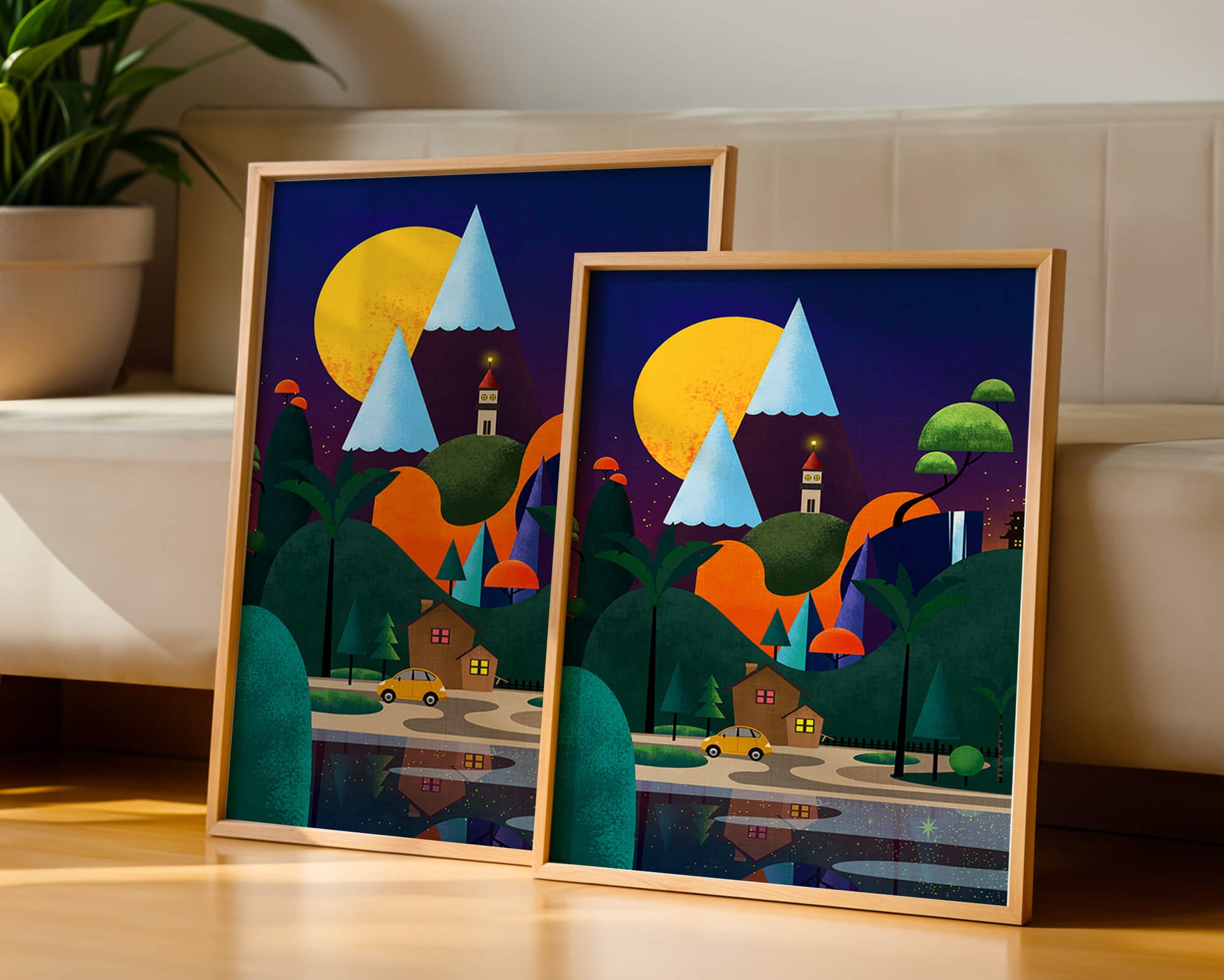 Colorful Modern Landscape with Geometric Elements and A House by The Lake Under The Night Sky
