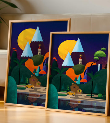 Colorful Modern Landscape with Geometric Elements and A House by The Lake Under The Night Sky