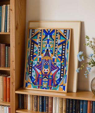 Arte tribal abstracto geométrico con patrones simétricos en azul y naranja