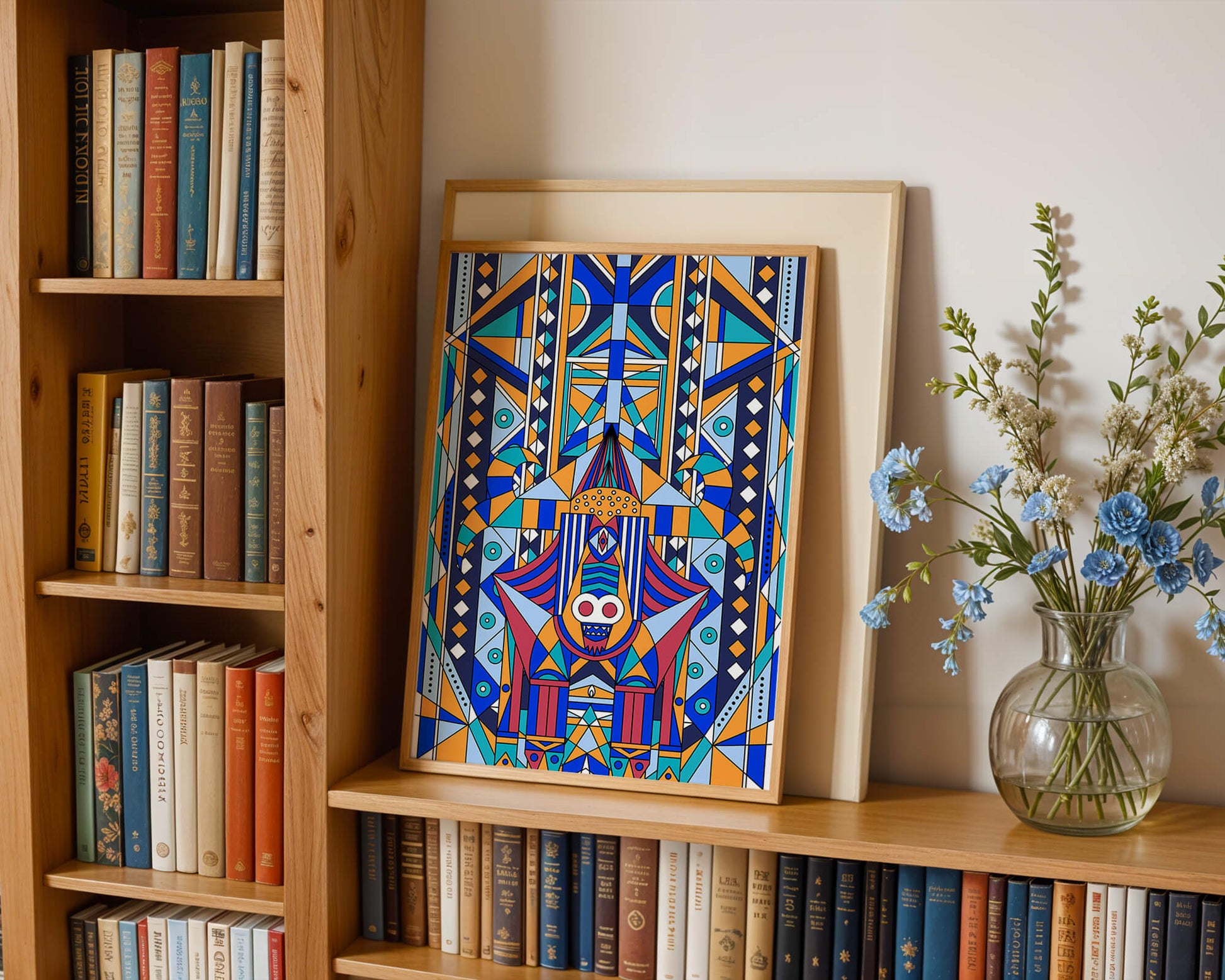 Arte tribal abstracto geométrico con patrones simétricos en azul y naranja