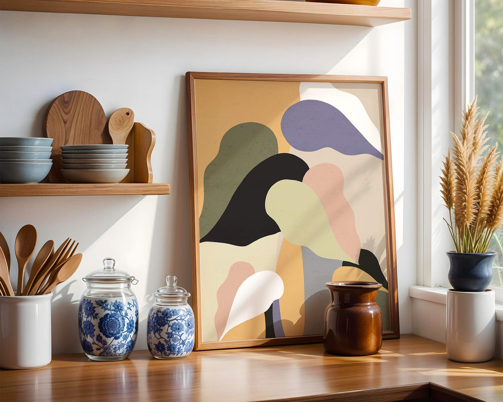 Abstract organic shapes in pastel colors with textured background