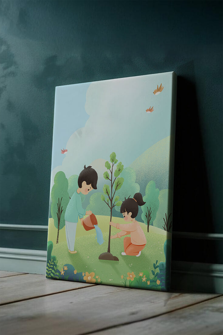 Children nurturing a young tree in a lush green landscape