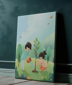 Kinder pflegen einen jungen Baum in einer üppig grünen Landschaft