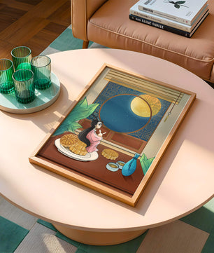 Tranquila escena nocturna con pasteles de luna y una figura mítica