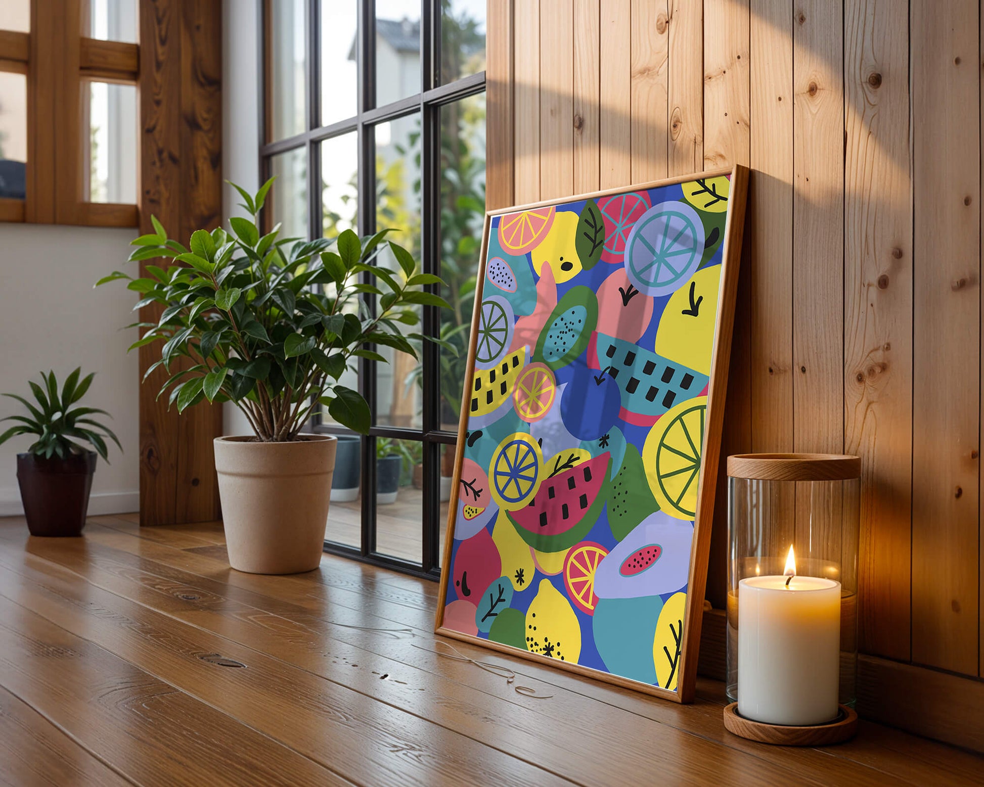 Patrón abstracto de frutas vibrantes con cítricos y melones sobre fondo azul