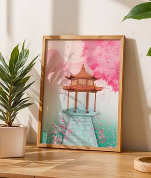 Traditioneller asiatischer Pavillon, umgeben von Kirschblüten