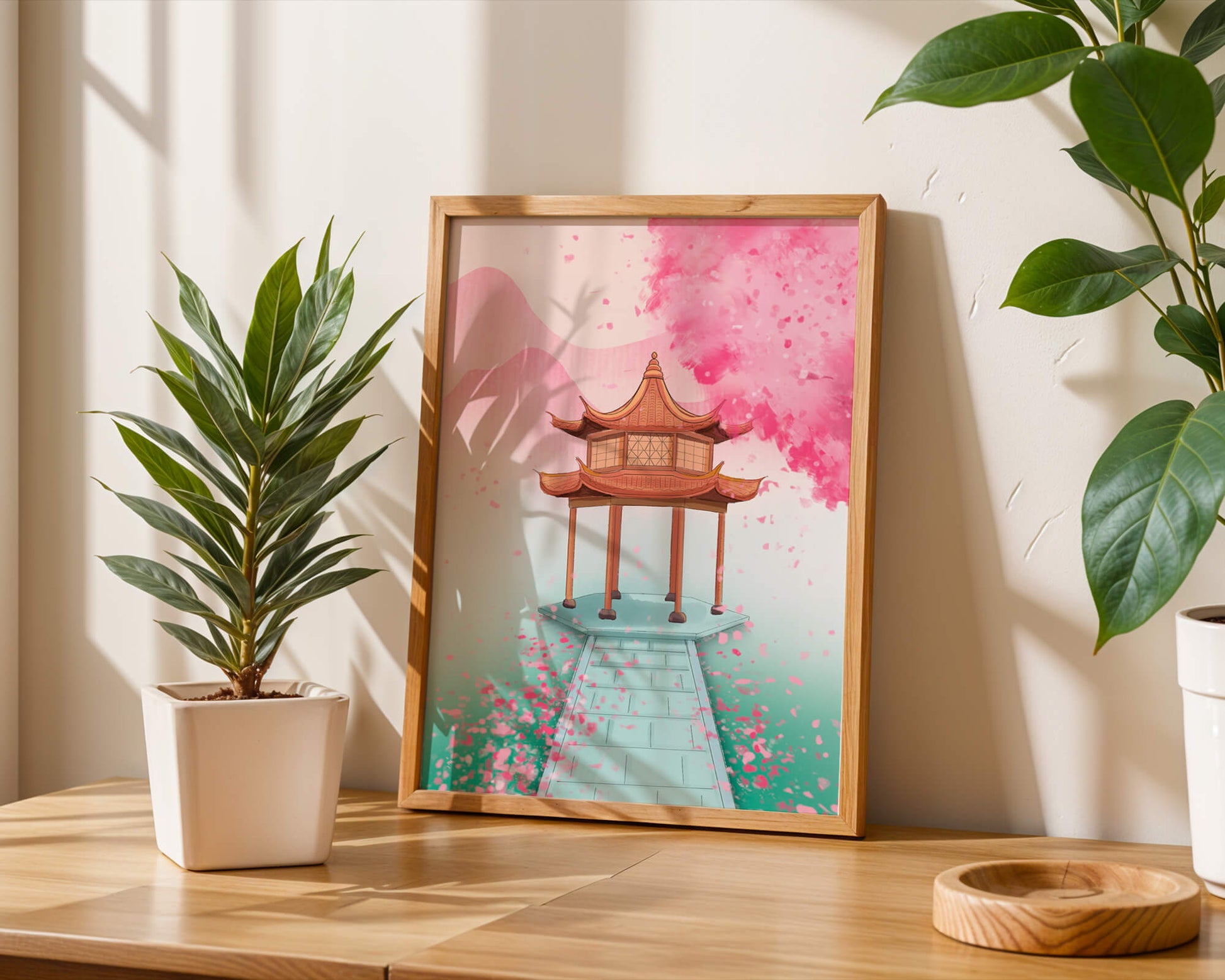 Traditional Asian gazebo surrounded by cherry blossoms