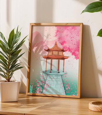 Traditional Asian gazebo surrounded by cherry blossoms