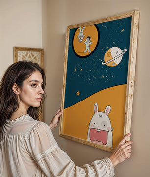 Playful Cartoon of Astronauts and Rabbit with Planet and Stars - Mi tienda