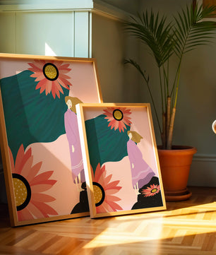 Stylized illustration of woman with vibrant floral elements