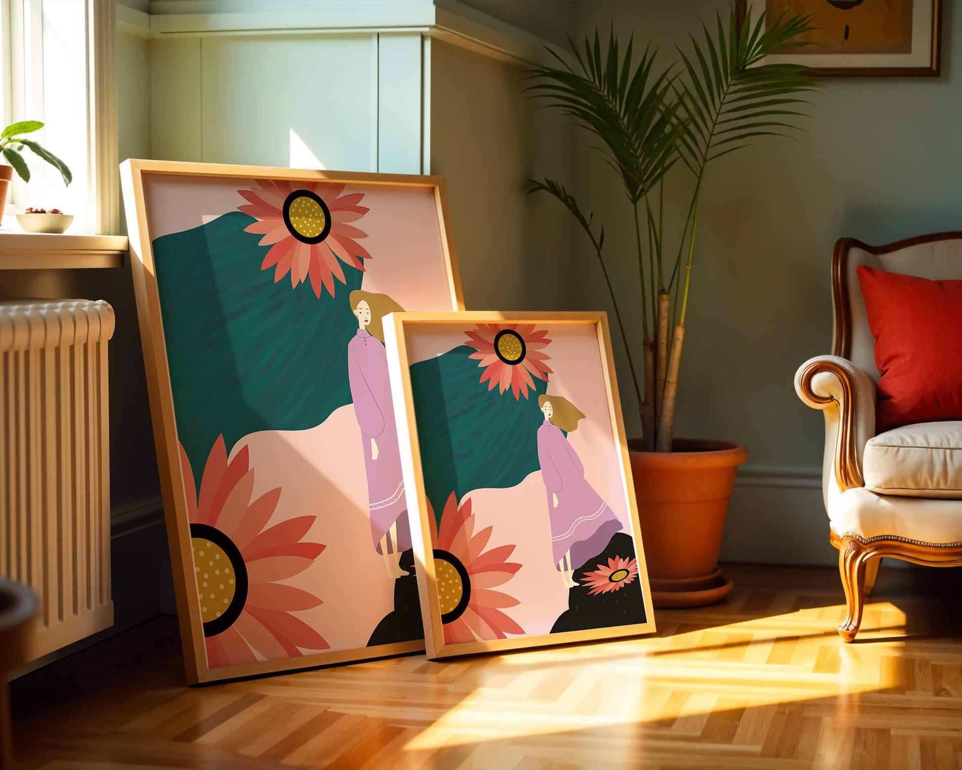 Stylized illustration of woman with vibrant floral elements