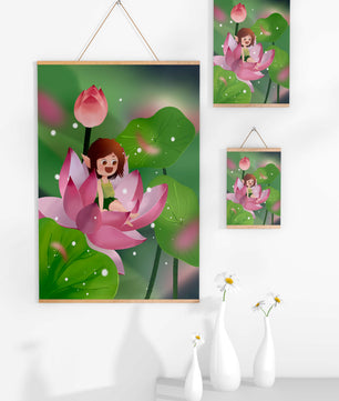 Charming fairy sitting on a blooming pink lotus in a magical garden