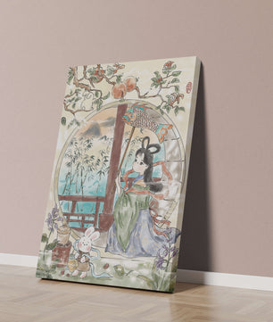Peaceful Garden Scene with Girl and Rabbit
