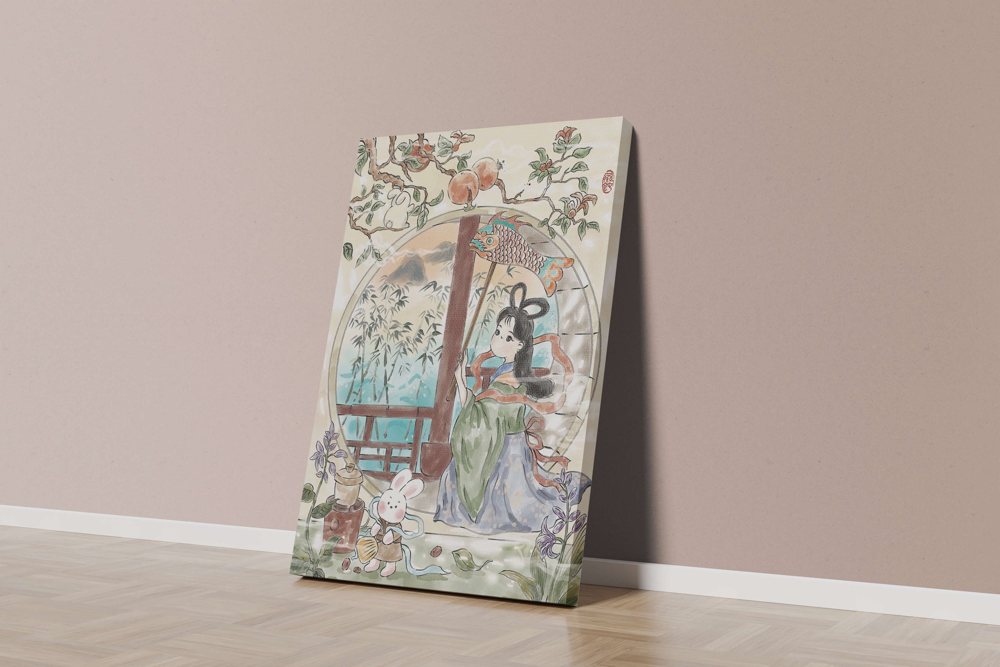 Escena de jardín tranquilo con una niña y un conejo