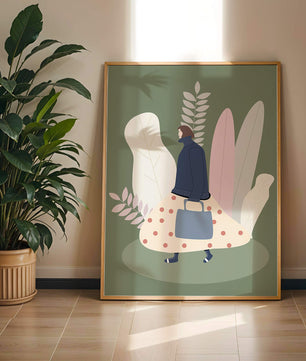 Illustrated woman in polka dot skirt with leafy background design