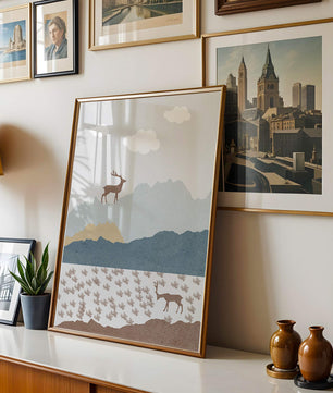 Majestic Deer and Mountain Landscape in Minimalist Style - Mi tienda