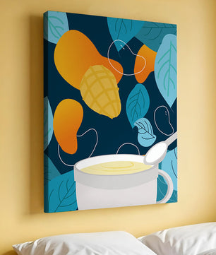 Ilustración colorida de mangos y hojas con una bebida cremosa