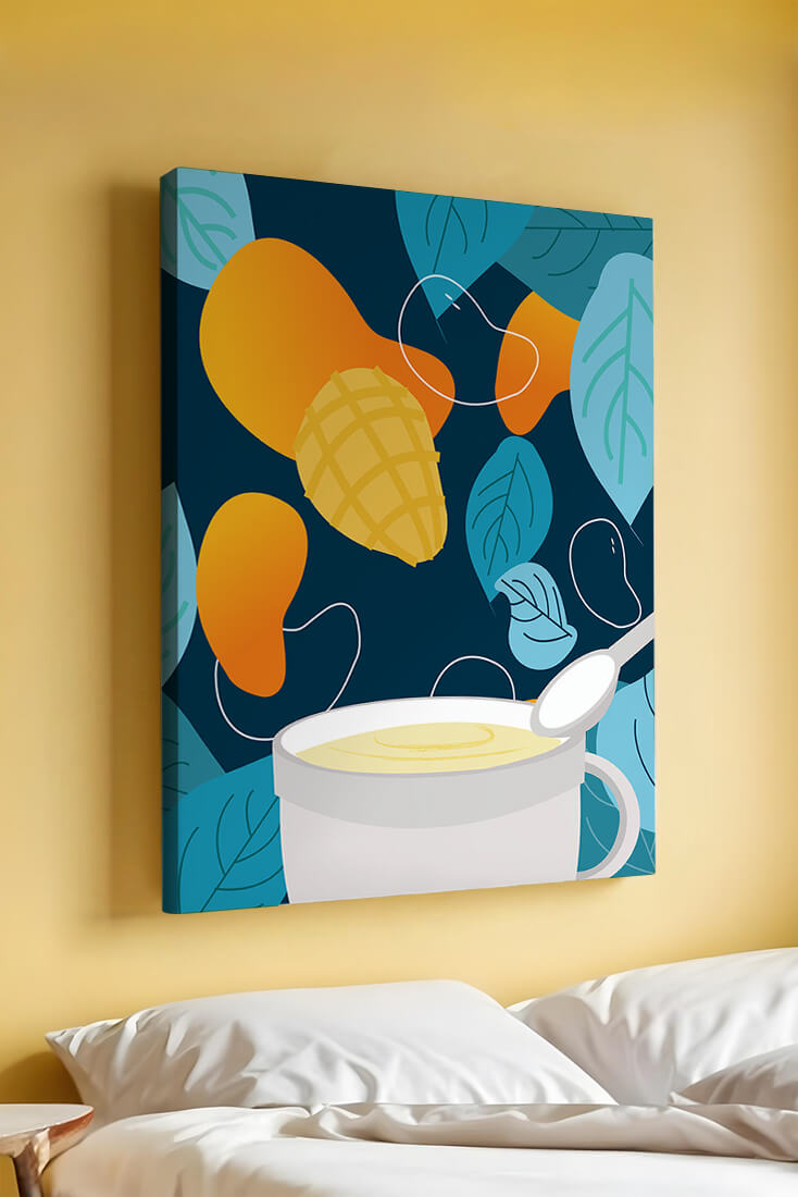 Ilustración colorida de mangos y hojas con una bebida cremosa