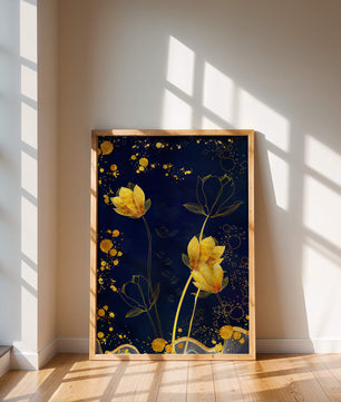 Diseño floral elegante con flores doradas sobre fondo azul marino