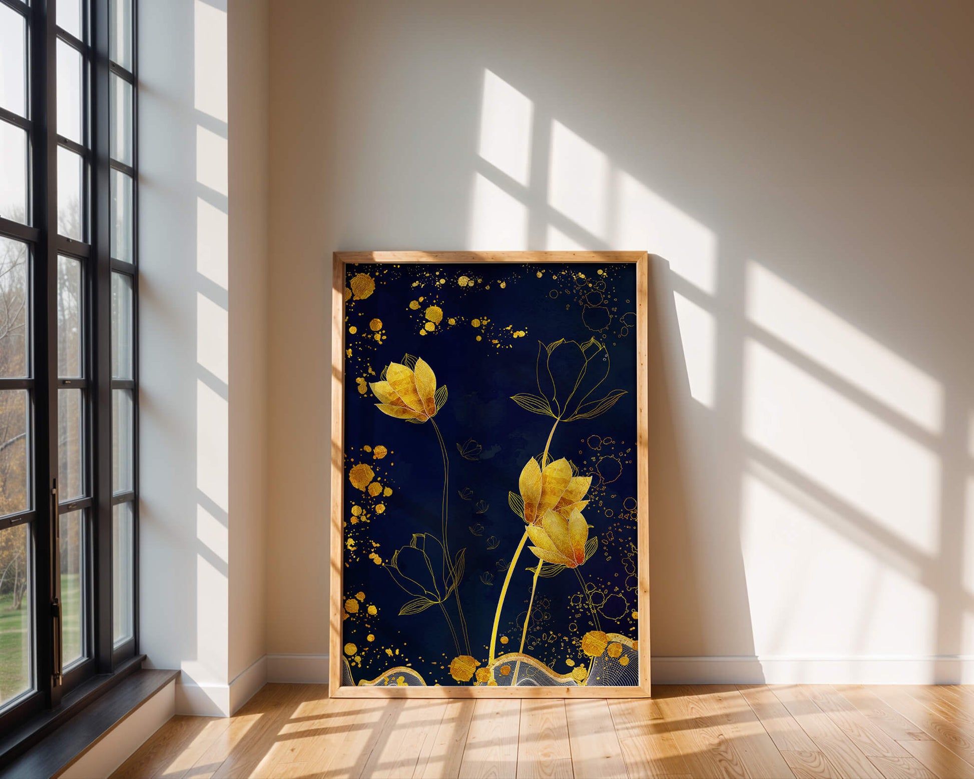 Diseño floral elegante con flores doradas sobre fondo azul marino
