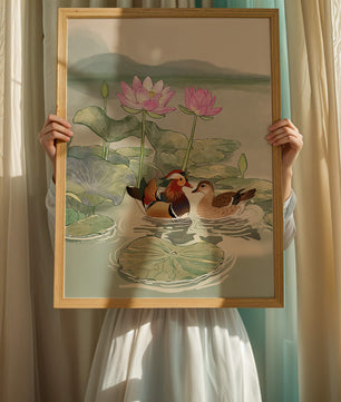 Patos mandarines y flores de loto en un estanque tranquilo
