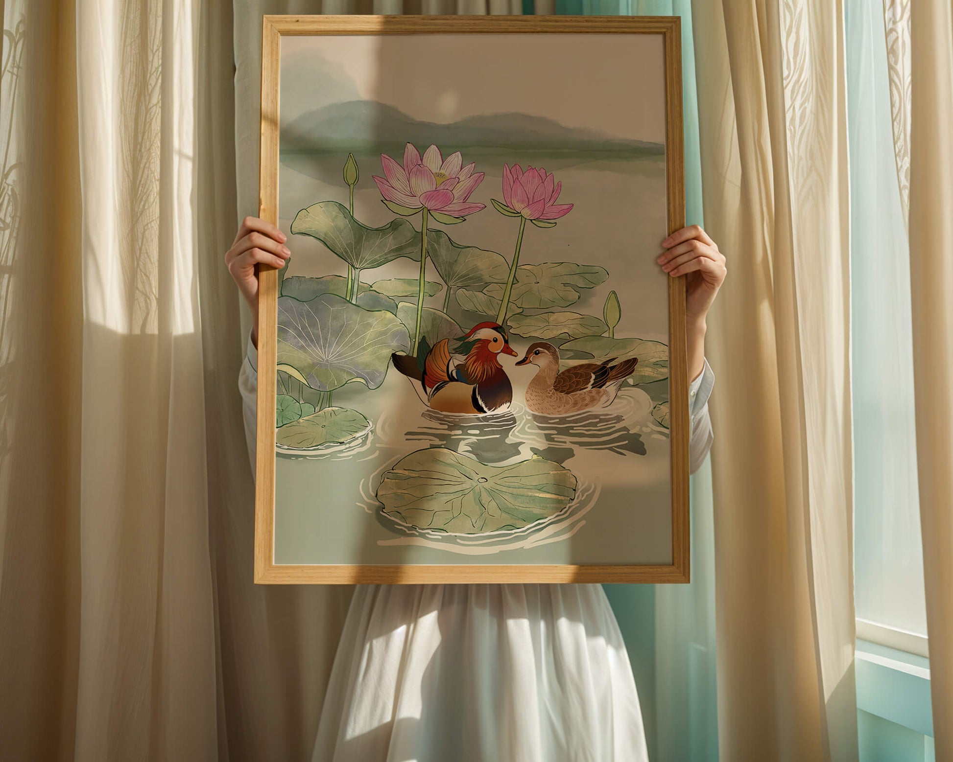 Patos mandarines y flores de loto en un estanque tranquilo