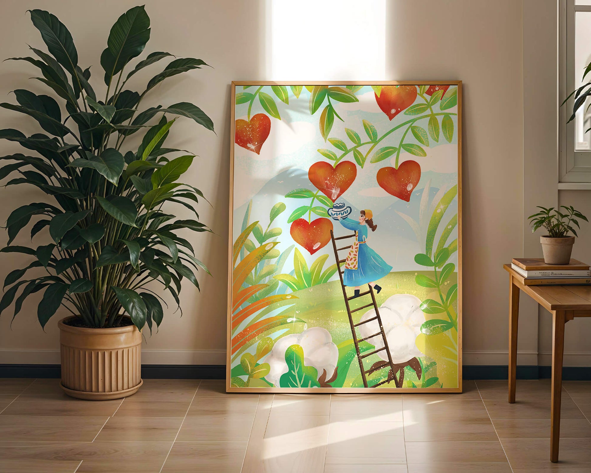 Mujer recolectando frutas en forma de corazón en el vibrante campo