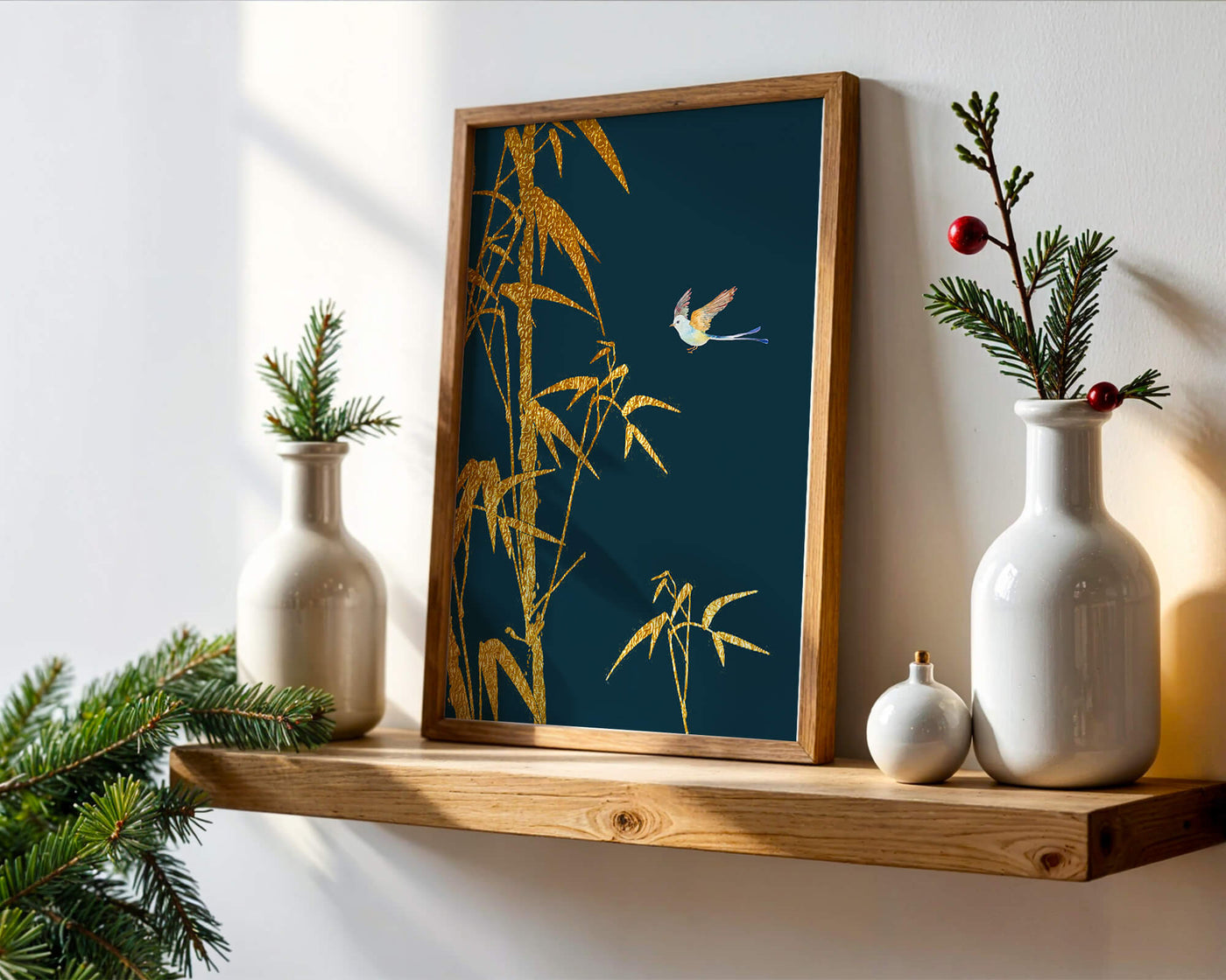 Golden bamboo and bird against a deep blue background