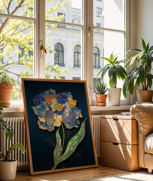 Diseño floral texturizado y colorido con contornos dorados sobre fondo oscuro