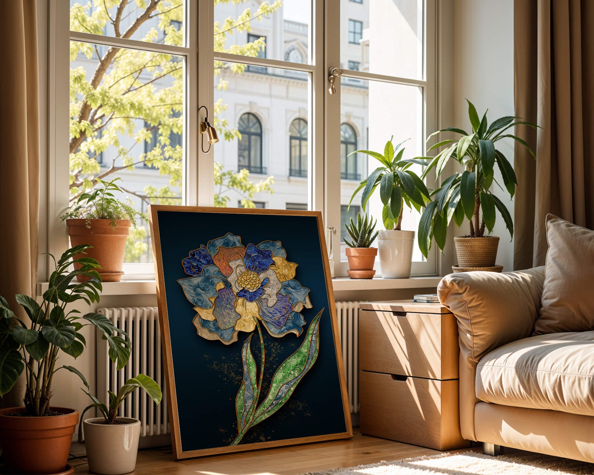 Diseño floral texturizado y colorido con contornos dorados sobre fondo oscuro